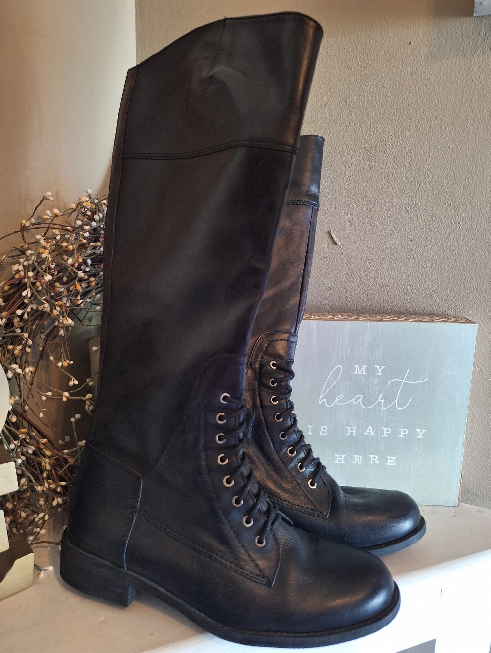 Vince Cumoto Leather Tall Black Lace-Up Knee High Boots Sz 9